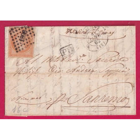 N°16 PC 1896 MARSEILLE 4 12 4 POUR SAN REMO ITALIE ITALIA VOIE DE MER 1862 LETTRE COVER