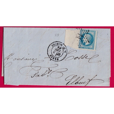 N°29 GRAND BORD DE FEUILLE PARIS ETOILE 11 R ST HONORE POUR ELBEUF 1868 LETTRE COVER