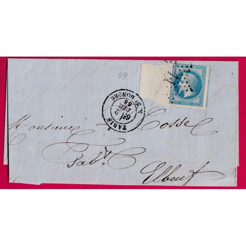 N°29 GRAND BORD DE FEUILLE PARIS ETOILE 11 R ST HONORE POUR ELBEUF 1868 LETTRE COVER