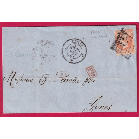 N°16 PERCE EN LIGNE PARIS BUREAU J POUR GENES ITALIE LETTRE COVER