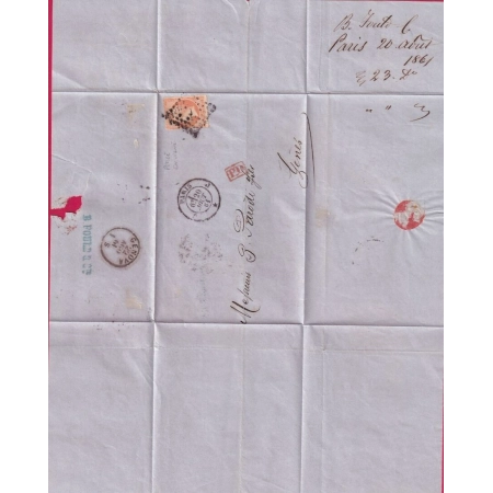 N°16 PERCE EN LIGNE PARIS BUREAU J POUR GENES ITALIE LETTRE COVER