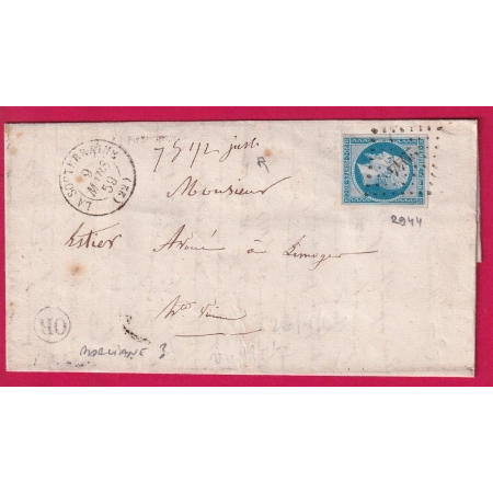 N°14 PC 2944 LA SOUTERRAINE CREUSE OR MORLIANE ?? POUR LIMOGES HAUTE VIENNE MENTION 7GR1/2 JUSTE LETTRE COVER