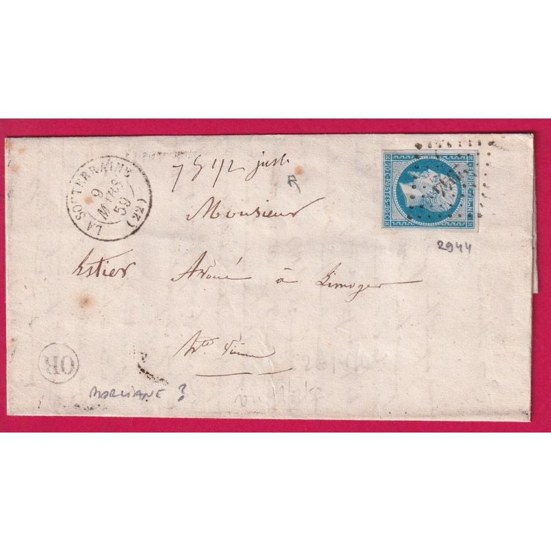 N°14 PC 2944 LA SOUTERRAINE CREUSE OR MORLIANE ?? POUR LIMOGES HAUTE VIENNE MENTION 7GR1/2 JUSTE LETTRE COVER