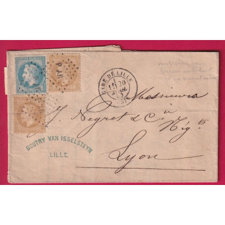 N°28 X2 + 29 GARE DE LILLE NORD LOSANGE  PAR AMBULANT PARIS ARRAS POUR LYON RHONE LETTRE COVER