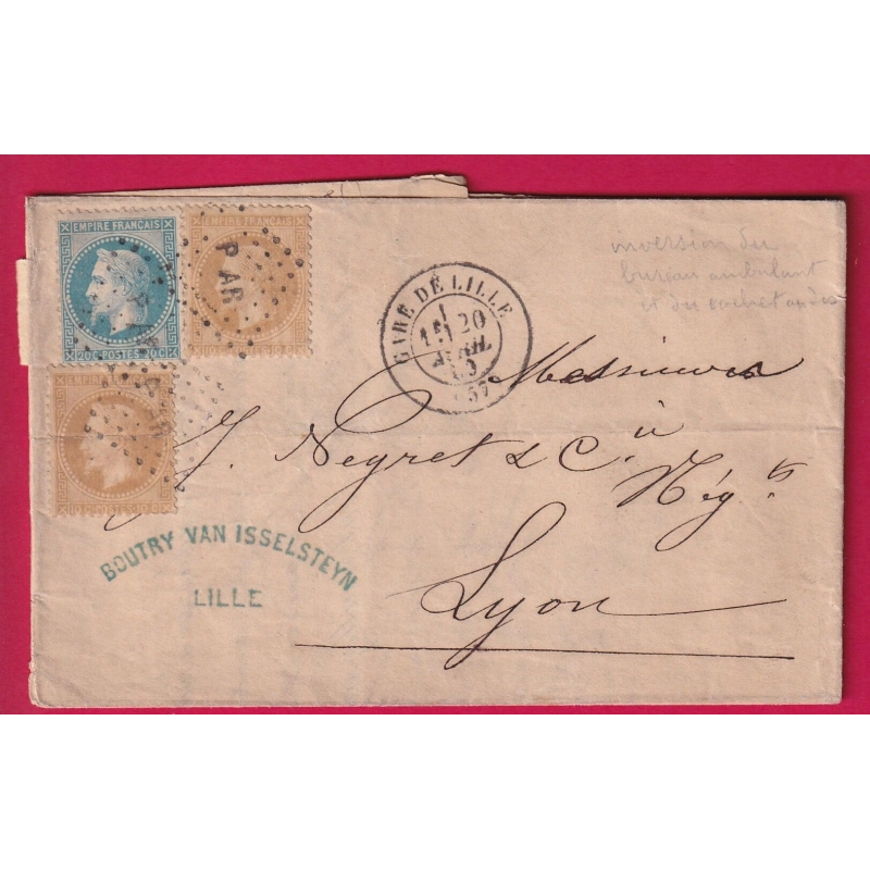 N°28 X2 + 29 GARE DE LILLE NORD LOSANGE  PAR AMBULANT PARIS ARRAS POUR LYON RHONE LETTRE COVER