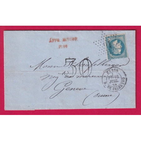 N°29 PARIS ETOILE 16 R DE PALESTRO TAXE TAMPON 30 AFFR INSUF P11 POUR GENEVE SUISSE 1869 LETTRE COVER