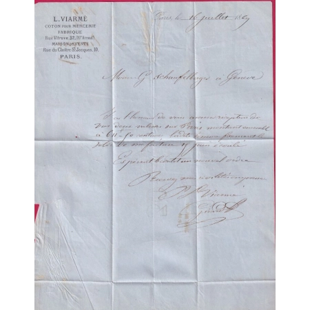 N°29 PARIS ETOILE 16 R DE PALESTRO TAXE TAMPON 30 AFFR INSUF P11 POUR GENEVE SUISSE 1869 LETTRE COVER