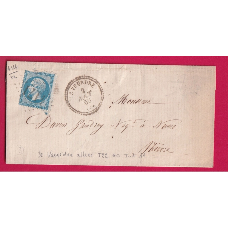N°22 GC 4171 LE VEURDRE ALLIER CAD TYPE 22 SIMPLE CERCLE ?? POUR NEVERS LETTRE COVER