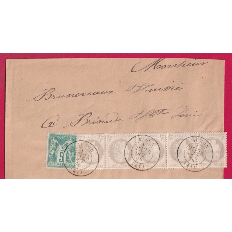 N°52 BANDE DE 5 GRIS JAUNATRE + N°64 AUZON HAUTE LOIRE  POUR BRIOUDE LETTRE COVER