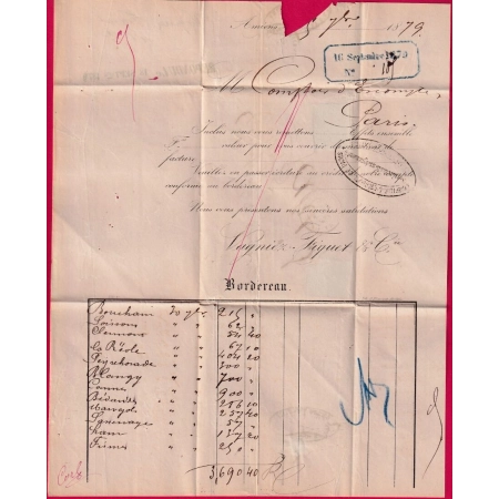 N°91 75 AMIENS SOMME POUR PARIS 1879 LETTRE COVER