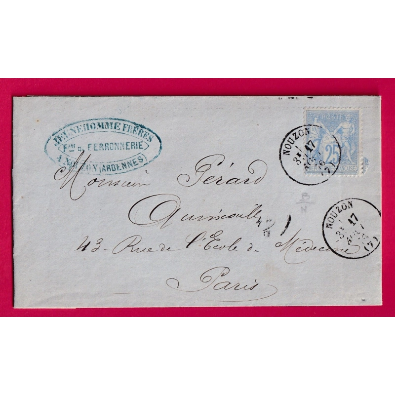 N°68 CAD TYPE 16 NOUZON ARDENNES POUR PARIS LETTRE COVER