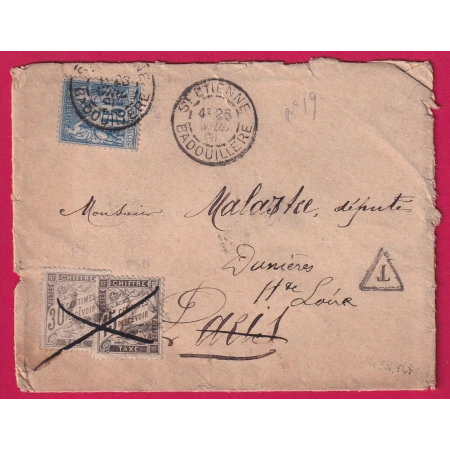 N°90 ST ETIENNE BADOUILLERE TAXE DUVAL N°16 +18 TAXE 45C ANNULATION PLUME 1881 PARIS DUNIERES HAUTE LOIRE LETTRE COVER