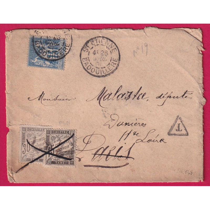 N°90 ST ETIENNE BADOUILLERE TAXE DUVAL N°16 +18 TAXE 45C ANNULATION PLUME 1881 PARIS DUNIERES HAUTE LOIRE LETTRE COVER
