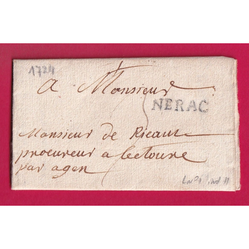 MARQUE NERAC LOT ET GARONNE LENAIN N°1 INDICE 11 1724 POUR AGEN LETTRE COVER