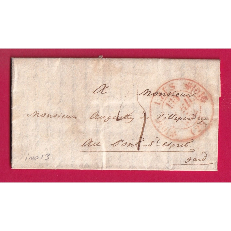 CAD TYPE 11 UZES GARD EN ROUGE 1832 POUR PONT ST ESPRIT INDICE 13 LETTRE COVER