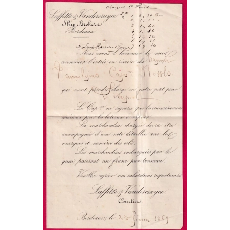 N°19 CAD BORDEAUX 1869 SEUL SUR DOCUMENT BANDE INCOMPLETE LETTRE COVER