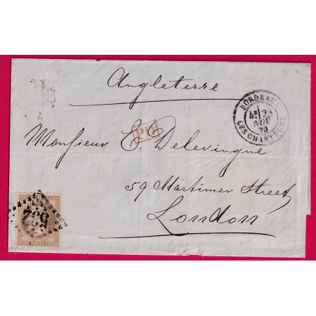 N°30 GC 532 BORDEAUX LES CHARTONS POUR LONDRES LONDON 1870 PENDANT LE SIEGE DE PARIS LETTRE COVER