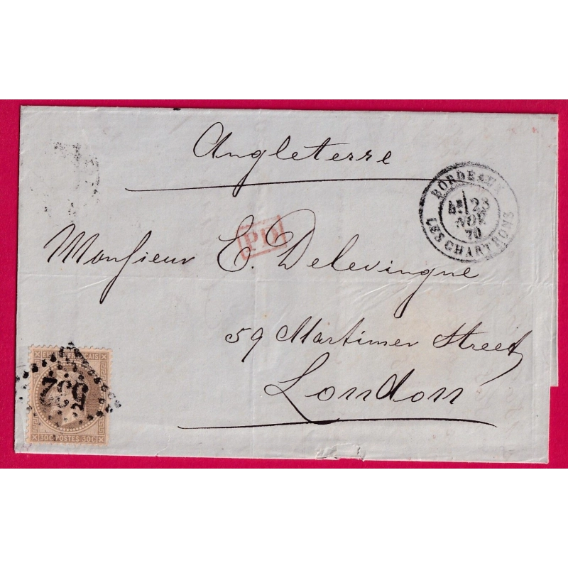 N°30 GC 532 BORDEAUX LES CHARTONS POUR LONDRES LONDON 1870 PENDANT LE SIEGE DE PARIS LETTRE COVER
