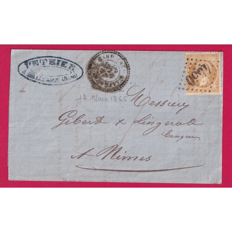 N°21 GC 4550 BELLEGARDE DU GARD CAD TYPE 22 POUR NIMES 1866 LETTRE COVER