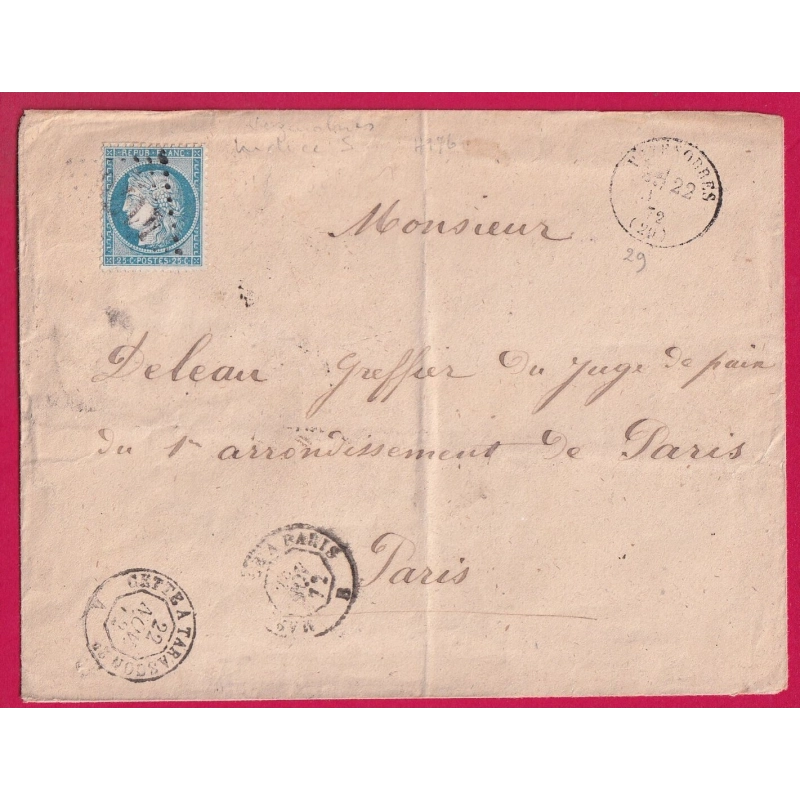 N°60 GC VEZENOBRES GARD + DEUX AMBULANT DE JOUR AU RECTO CETTE A TARASCON MARSEILLE A PARIS POUR PARIS LETTRE COVER