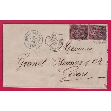 N°91 X2 NICE ALPES MARITIMES DOUBLE PORT POUR GENES ITALIE LETTRE COVER