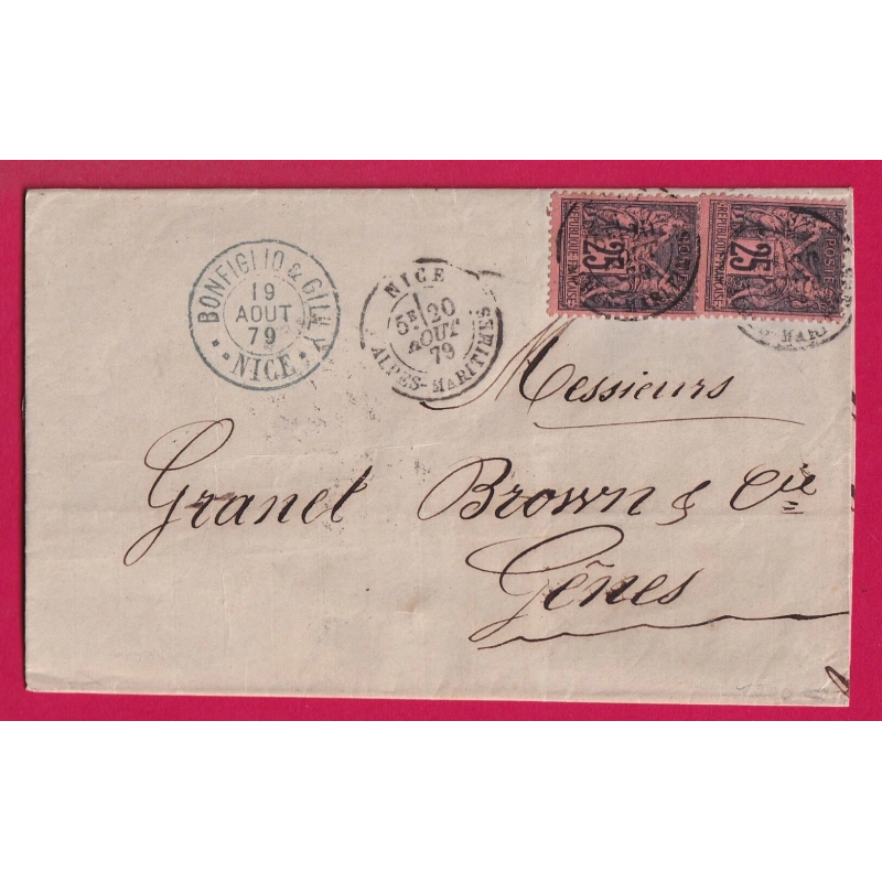 N°91 X2 NICE ALPES MARITIMES DOUBLE PORT POUR GENES ITALIE LETTRE COVER