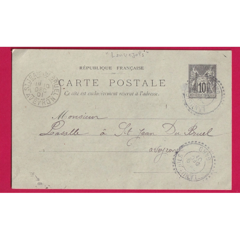 ENTIER SAGE 10C AVEC MILLESIME 039 CAD FB84 LANUEJOLS GARD FACTEUR BOITIER POUR ST JEAN DU BRUEL AVEYRON LETTRE COVER