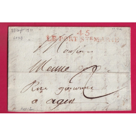 MARQUE 45 LE PORT STE MARIE EN ROUGE 1811 INDICE 12 POUR AGEN LETTRE COVER