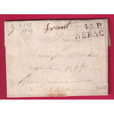 MARQUE P45P NERAC LOT ET GARONNE 1824 POUR AGEN LETTRE COVER