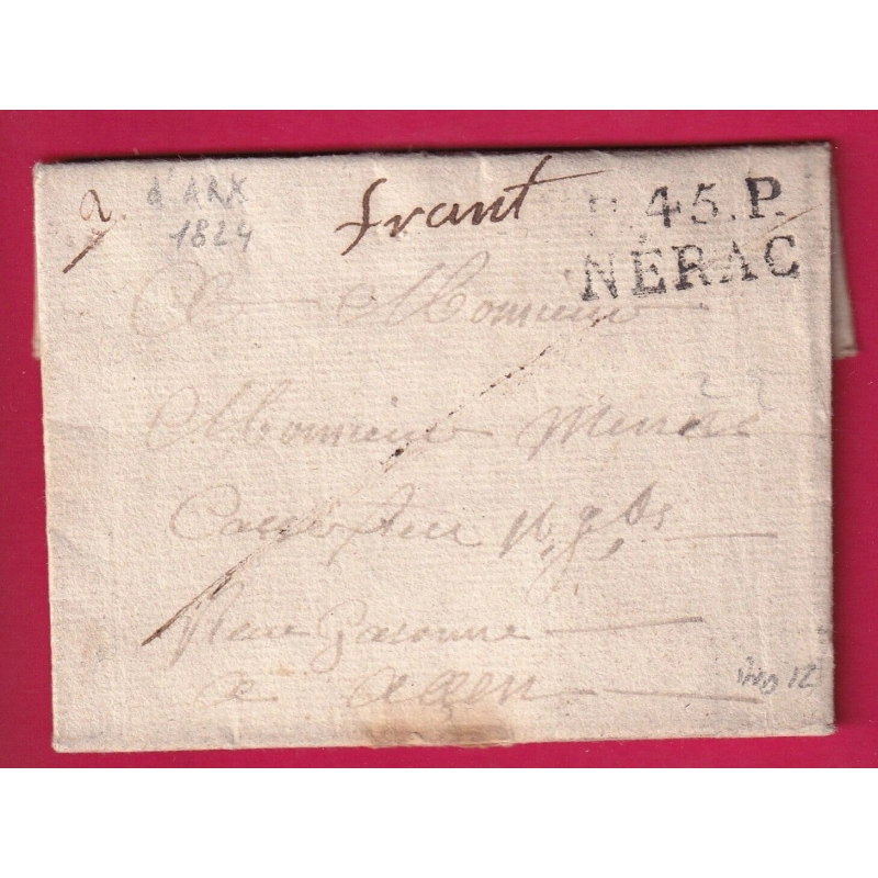 MARQUE P45P NERAC LOT ET GARONNE 1824 POUR AGEN LETTRE COVER