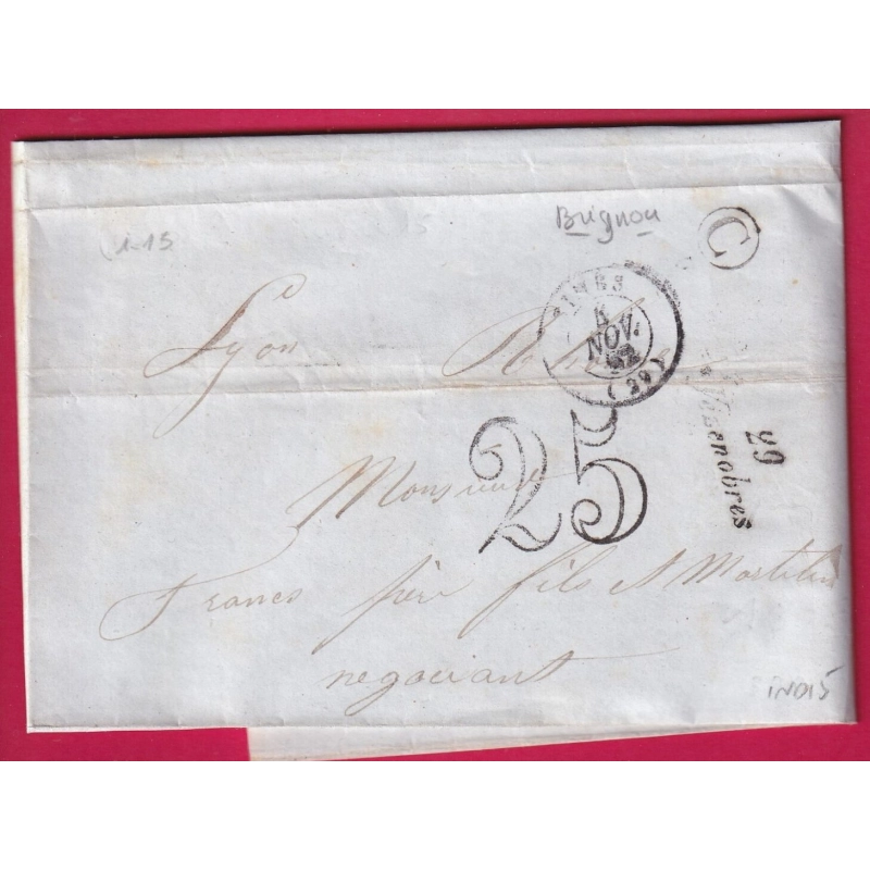 CURSIVE 29 VEZENOBRES GARD BOITE RURALE C BRIGNON POUR LYON INDICE 15 LETTRE COVER