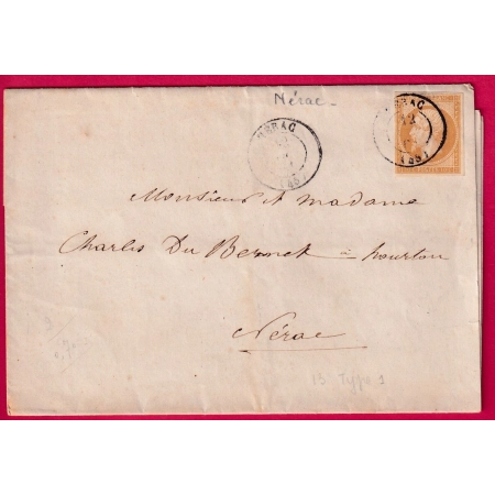 N°13 CAD TYPE 15 NERAC POUR NERAC LOT ET GARONNE IMPRIME LOCAL FAIRE PART DE MARIAGE 1861 LETTRE FRANCE