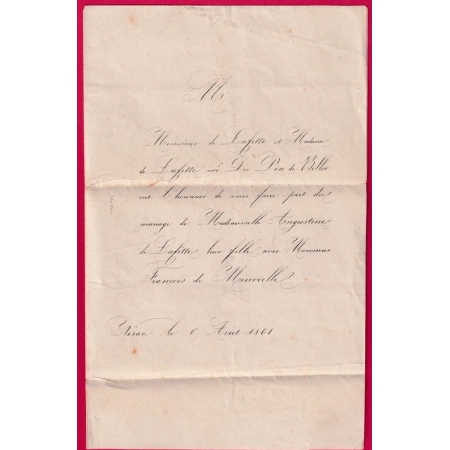 N°13 CAD TYPE 15 NERAC POUR NERAC LOT ET GARONNE IMPRIME LOCAL FAIRE PART DE MARIAGE 1861 LETTRE FRANCE
