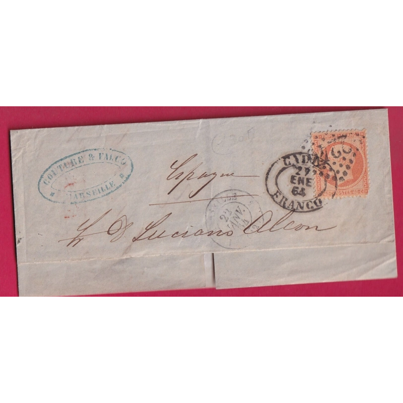 N°23 GC 2240 MARSEILLE CAD ESPAGNOL CADIZ FRANCO SUR TIMBRE ESPAGNE LETTRE FRANCE