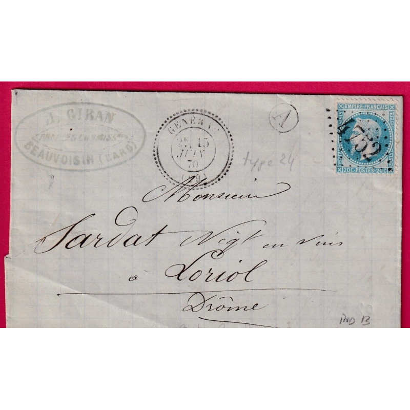 N°29 GC 4752 GENERAC GARD CAD TYPE 24 BOITE RURALE A BEAUVOISIN POUR LORIOL DROME LETTRE FRANCE