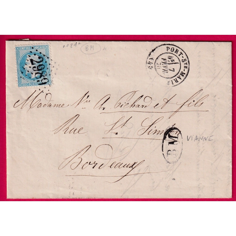 N°29 GC 2989 PORT STE MARIE LOT ET GARONNE BM VIANNE POUR BORDEAUX LETTRE COVER