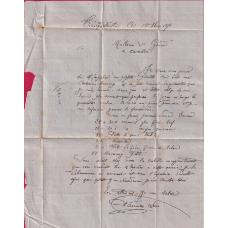 N°37 20 GC 164 ARLES SUR RHONE BOUCHES DU RHONE POUR CAVAILLON VAUCLUSE 17 OCT 1871 LETTRE COVER