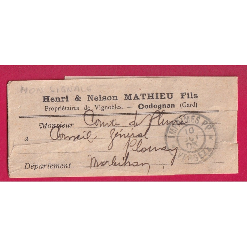 CAD IMPRIME PP  VERGEZE GARD 1903 POUR PLOUAY MORBIHAN BANDE JOURNAL CODOGNAN RARE LETTRE COVER
