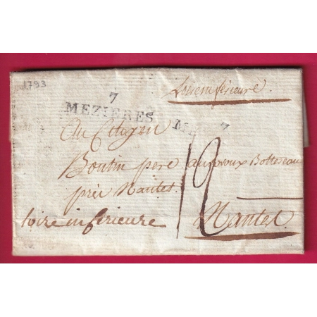 MARQUE 72 MANTES UTILISEE EN DEBOURSE 1793 DEPART MEZIERES ARDENNES POUR NANTES LETTRE COVER