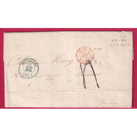 RARE CACHET ENTREE PRUSSE 4 BOUZONVILLE 4 MOSELLE POUR REIMS  DEPART BRUXELLE BELGIQUE 1853 LETTRE COVER