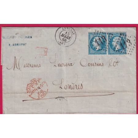 N°22 PAIRE GC 113 ANNONAY ARDECHE POUR LONDRES LONDON 1866 LETTRE COVER