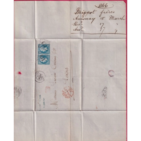 N°22 PAIRE GC 113 ANNONAY ARDECHE POUR LONDRES LONDON 1866 LETTRE COVER