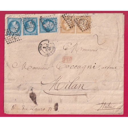 N°22 X3 + 21 X2 GC 2145 LYON LES TERREAUX POUR MILAN ITALIE 1866 DOUBLE PORT LETTRE COVER