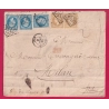 N°22 X3 + 21 X2 GC 2145 LYON LES TERREAUX POUR MILAN ITALIE 1866 DOUBLE PORT LETTRE COVER