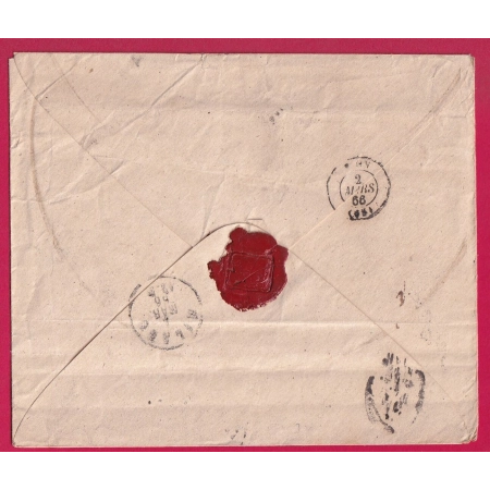 N°22 X3 + 21 X2 GC 2145 LYON LES TERREAUX POUR MILAN ITALIE 1866 DOUBLE PORT LETTRE COVER