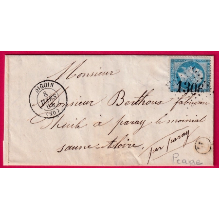 N°22 GC 1306 DIGOIN SAONE ET LOIRE BOITE RURALE E LE PEAGE POUR PARAY LE MONIAL LETTRE COVER