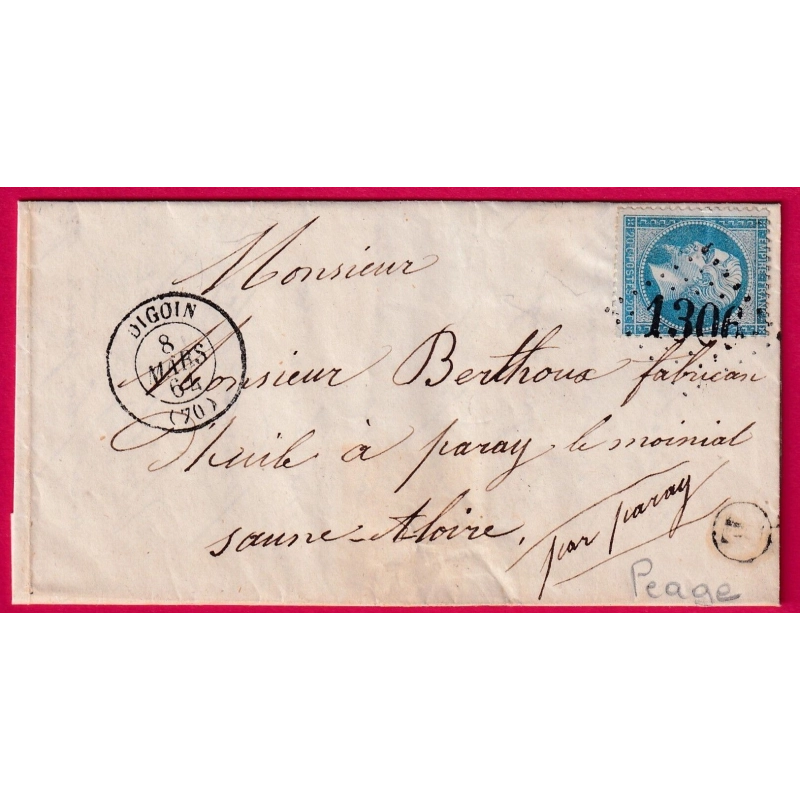 N°22 GC 1306 DIGOIN SAONE ET LOIRE BOITE RURALE E LE PEAGE POUR PARAY LE MONIAL LETTRE COVER