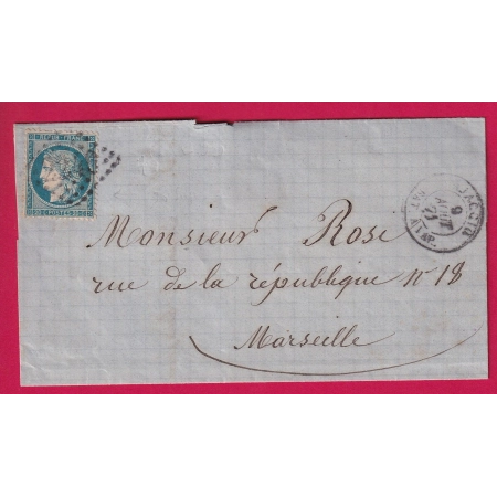 N°37 CAD AJACCIO BATEAU A VAPEUR POUR MARSEILLE 1871 LETTRE COVER