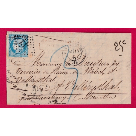 N°60 GC CARCASSONNE AUDE CACHET 25C CONFIRMATION DU TIMBRE TAXE 3 ALLEMANDE VALLERYSTHAL MOSELLE ALLEMAGNE LETTRE COVER