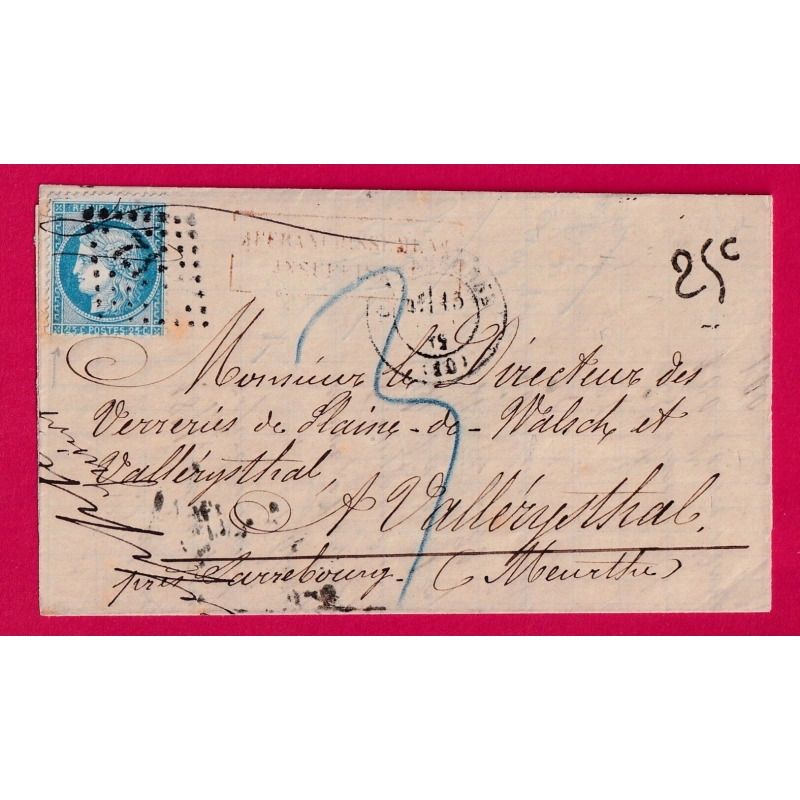 N°60 GC CARCASSONNE AUDE CACHET 25C CONFIRMATION DU TIMBRE TAXE 3 ALLEMANDE VALLERYSTHAL MOSELLE ALLEMAGNE LETTRE COVER